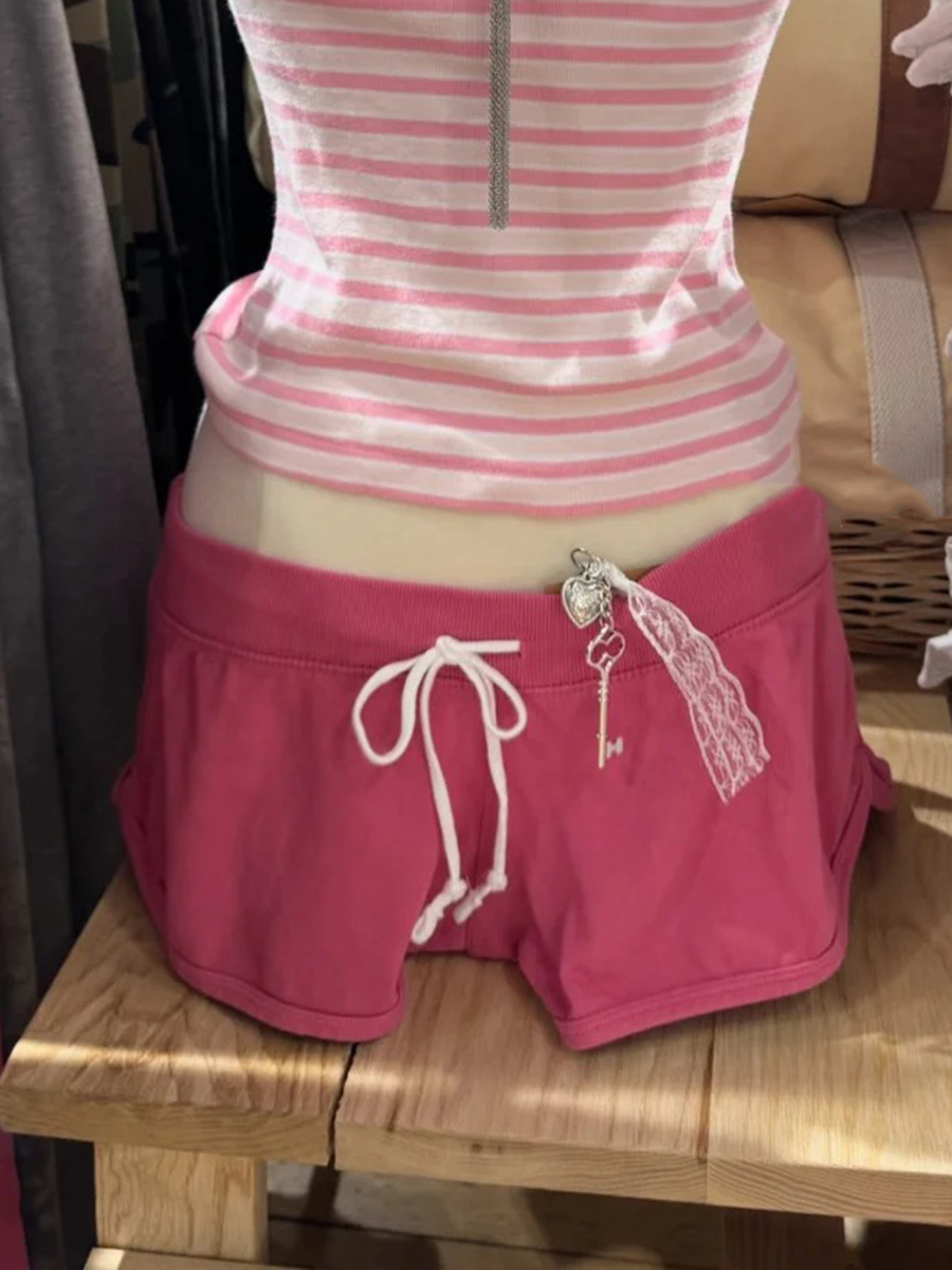 Short Linen Drawstring - Pantalones Cortos de Algodón Rosa Claro