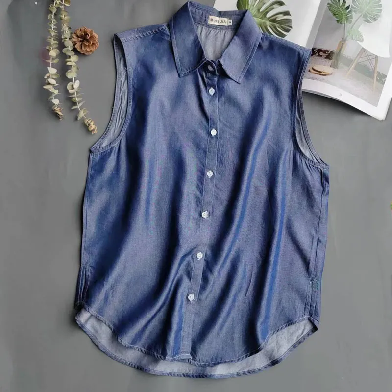 Shirt Camp Collar - Camisa de Mezclilla Azul sin Mangas